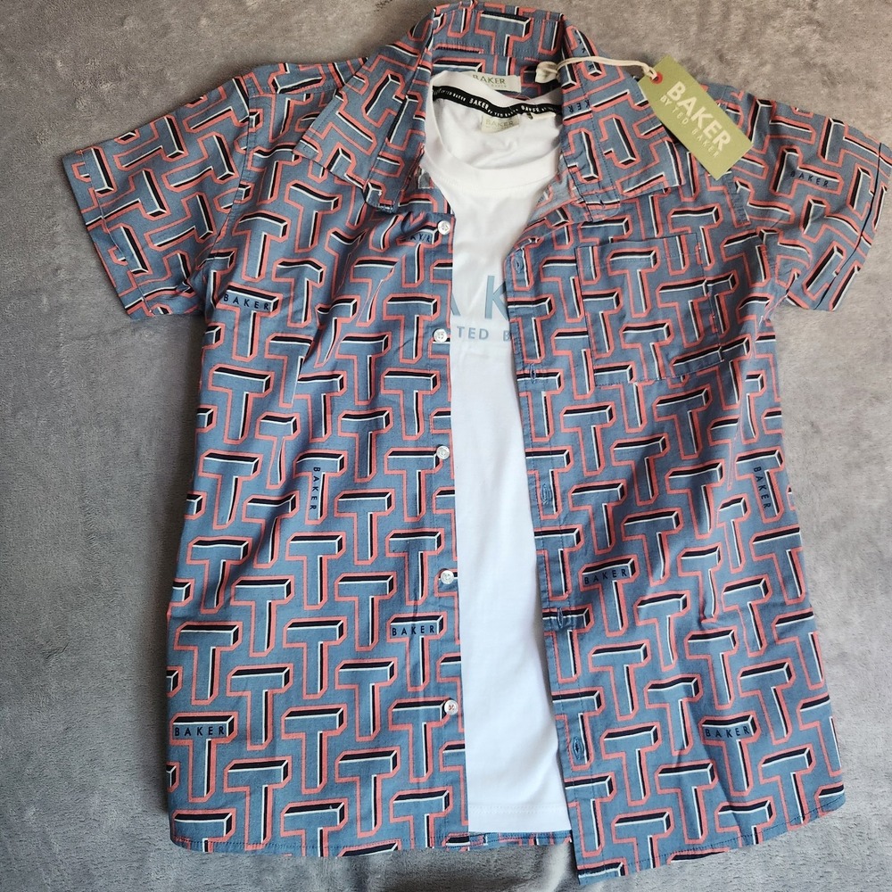 New Baker by Ted Baker Boys Woven 2 Shirt Set Size 10 Years Blue Geometric Print